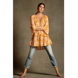 Anthropologie / Mia Ruffle Printed Orange Tiered Tunic Blouse